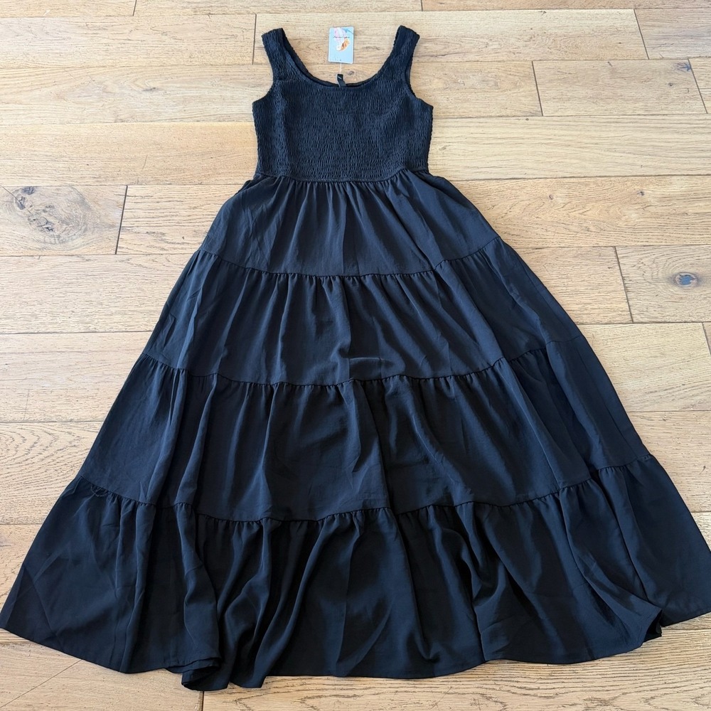PrettyGarden Smocked Tiered Maxi Dress Black Sleeveless Scoop Neck S NWT (1545)
